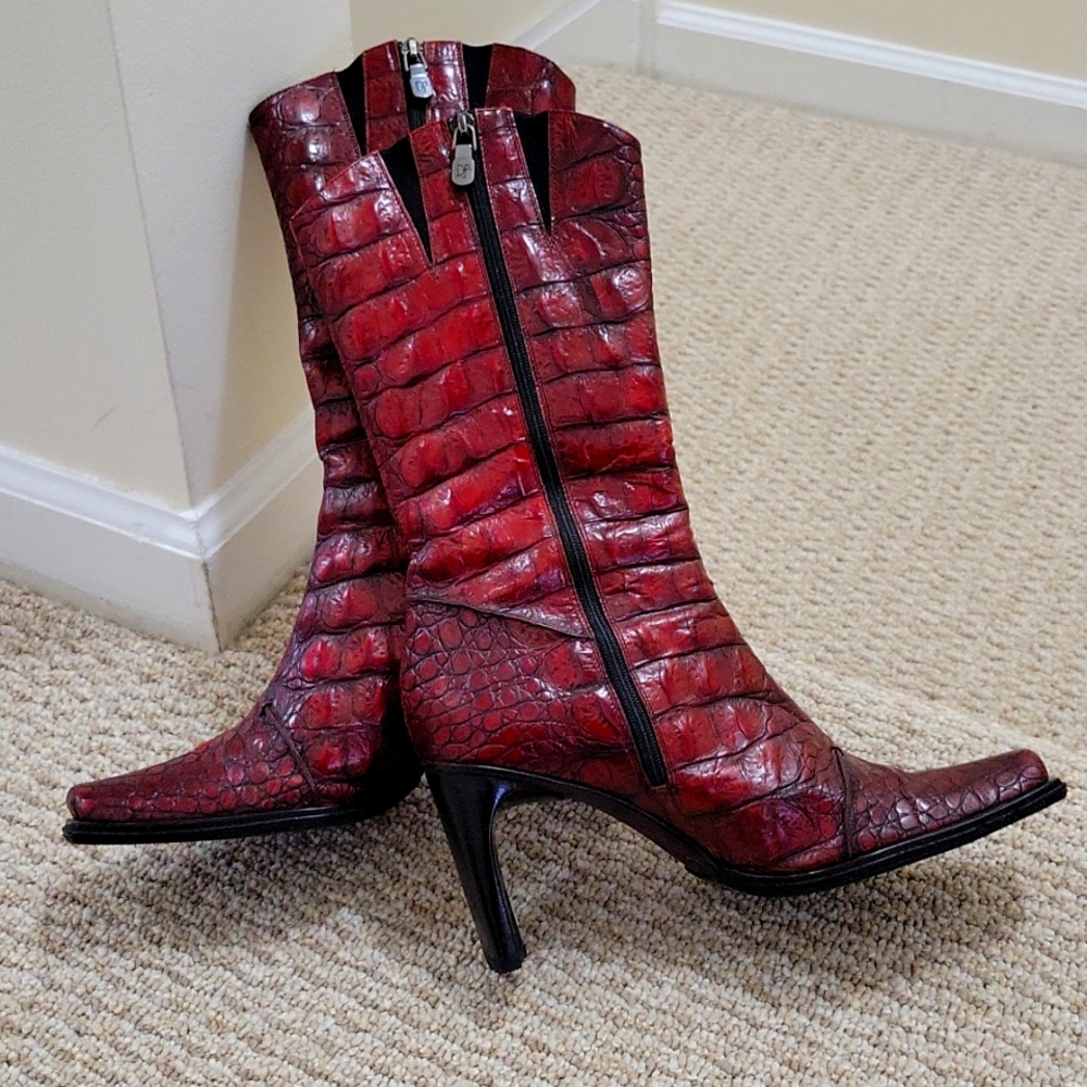 Red leather boot, alligator pattern, stylish heel, square toe